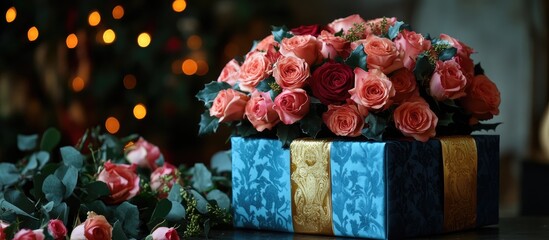 Poster - Luxury silk gift box adorned with roses and festive decor perfect for romantic holiday gifting and elegant celebrations