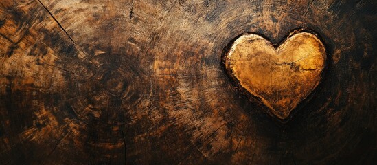 Aufkleber - Golden heart symbol on rustic wooden background conveying warmth and affection in an artistic textured composition for romantic themes
