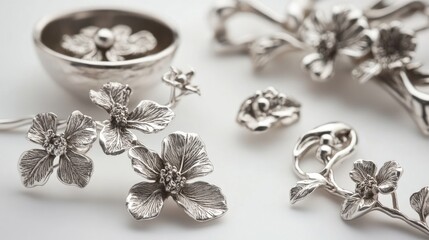 Poster - Intricate handmade silver jewelry featuring floral designs elegantly displayed on a white background