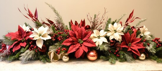Aufkleber - Festive Christmas table centerpiece featuring red and white poinsettias with greenery and decorative ornaments for holiday celebrations