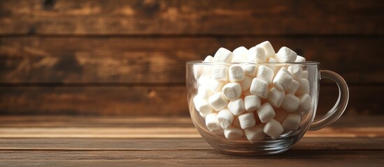 Poster - Hot cocoa topped with fluffy marshmallows in a transparent glass cup on a rustic wooden table background