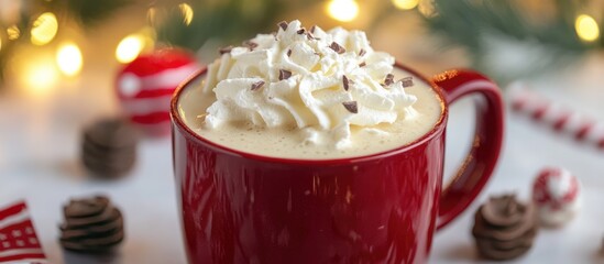 Poster - Delicious Homemade White Hot Chocolate Topped with Cream and Decorative Sprinkles in Cozy Holiday Setting