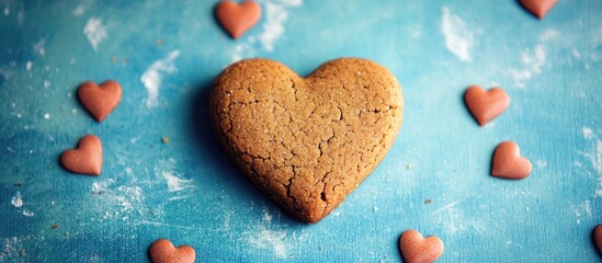 Poster - Heart shaped cookie surrounded by small heart decorations on a blue textured background creating a romantic and festive atmosphere