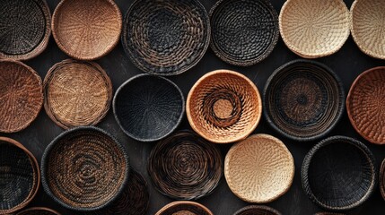 Fototapete - Handcrafted wicker baskets in various colors and patterns arranged on a dark background showcasing traditional weaving techniques and artistry