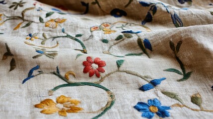 Aufkleber - Handmade linen fabric featuring intricate floral embroidery in vibrant colors and a textured surface ideal for textile design and crafts
