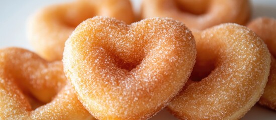 Aufkleber - Heart-shaped donuts arranged closely with a smooth texture displayed on a clean white background perfect for desserts and celebration themes