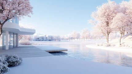 Sticker - Modern house, snowy landscape, winter scene.