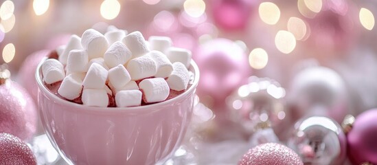 Poster - Warm hot chocolate with marshmallows in a pink bowl surrounded by festive Christmas ornaments and soft glowing lights