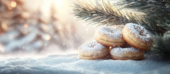 Poster - Winter still life featuring homemade cookies dusted with icing sugar alongside snow-covered fir tree branches. Cozy festive atmosphere.
