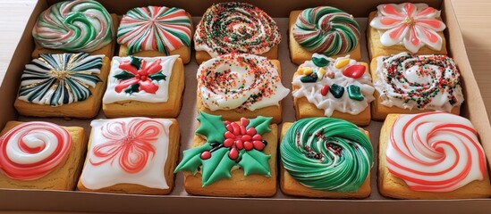 Poster - Colorful homemade Christmas cookies decorated with vibrant icing in a festive assortment displayed in a holiday-themed box.