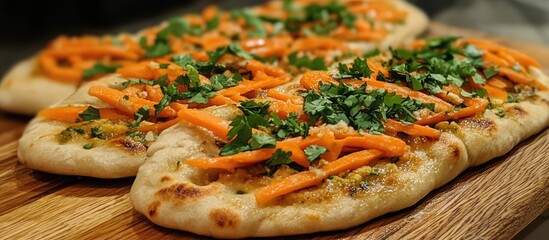Poster - Homemade Indian naan bread garnished with fresh carrots and coriander served on a wooden board