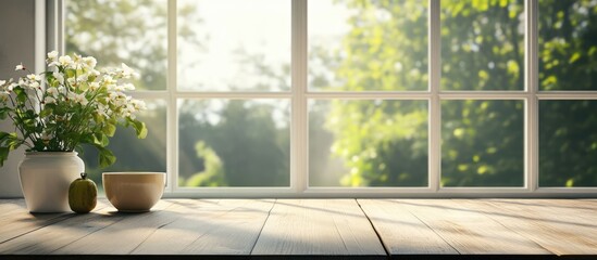 Poster - Home interior wooden table with beautiful flower vase and sunlight creating a warm atmosphere perfect for decoration and versatile design ideas