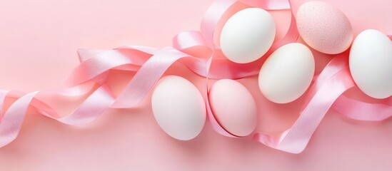 Aufkleber - Festive pink background with decorative eggs and satin ribbon perfect for holiday celebrations and spring-themed designs