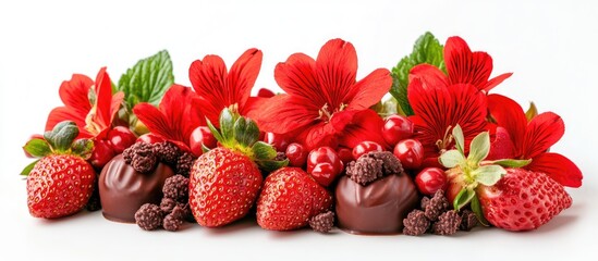 Aufkleber - Edible flower and chocolate dipped strawberry arrangement on a white background perfect for German greeting card designs