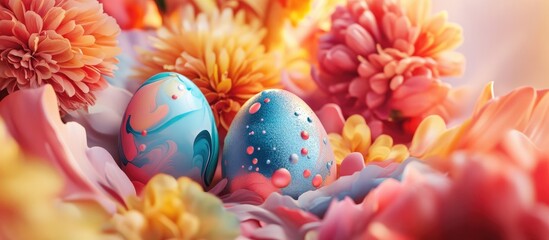 Aufkleber - Colorful Easter eggs nestled in vibrant flowers creating a festive spring atmosphere with delightful seasonal decorations.