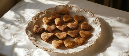 Poster - Heart-shaped gingerbread cookies arranged on an elegant plate atop a white tablecloth in soft natural lighting.