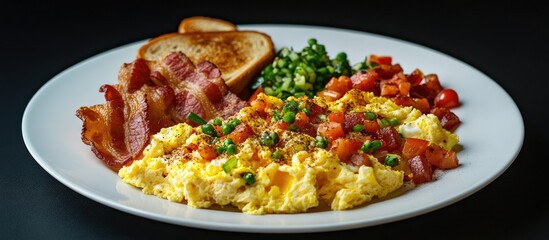 Aufkleber - Scrambled eggs with bacon toast and fresh vegetables on a white plate against a dark background for a nutritious breakfast scene