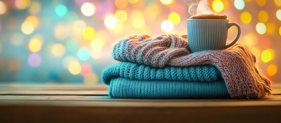Poster - Cozy hot cocoa with stacked wool sweaters on a wooden table against a vibrant bokeh background festive atmosphere warmth and comfort
