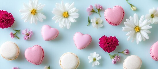 Aufkleber - Heart shaped flowers and pink macaroons on a light blue background creating a vibrant and sweet springtime dessert aesthetic