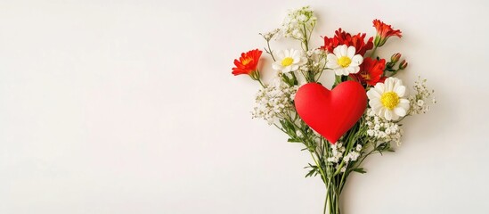 Poster - Floral greeting card design with vibrant bouquet and red heart on white background perfect for personal messages or invitations