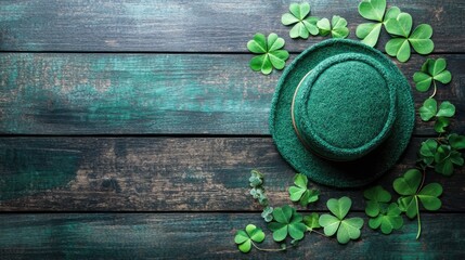 Aufkleber - Handcrafted green hat adorned with shamrock and ivy on rustic wooden surface with natural lighting and greenery details.