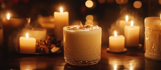 Poster - Warm egg nog in a cozy setting surrounded by glowing candles evoking a festive holiday atmosphere