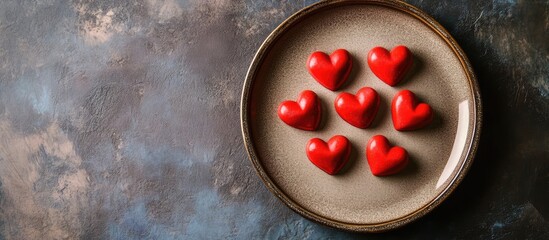 Poster - Red hearts neatly arranged on a plate symbolizing love and harmony in a creative culinary presentation