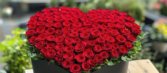 Poster - Heart shaped arrangement of vibrant red roses in a decorative planter symbolizing love and romance in a floral setting