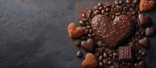 Aufkleber - Heart shaped arrangement of coffee beans chocolate and cookies ideal for Valentine's Day or romantic gifts on a dark textured background