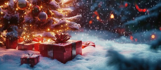 Poster - Festive holiday gifts nestled under a beautifully decorated Christmas tree surrounded by a serene snowy landscape.