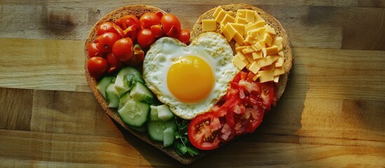 Poster - Heart-shaped healthy breakfast featuring fried egg, bread, cheese, and fresh vegetables arranged artistically on a wooden table from above.