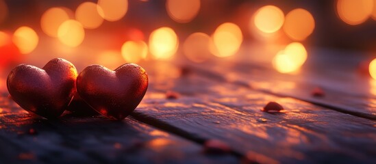 Poster - Valentine's Day hearts on a wooden surface with a blurred bokeh background creating a romantic and festive atmosphere