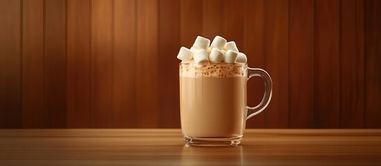 Poster - Hot cocoa with marshmallows in a glass cup on a wooden table perfect for cozy winter moments and festive gatherings