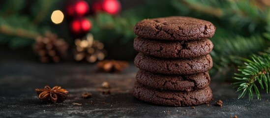 Poster - Homemade chocolate cookies stacked on dark table surrounded by festive holiday decorations and warm bokeh lights.