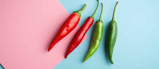Poster - Chili peppers in vibrant red and green next to pink paper on a light blue background creating a colorful food concept in flat lay style