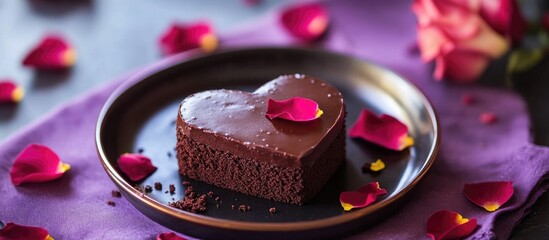 Aufkleber - Heart shaped chocolate cake elegantly displayed on a decorative plate with rose petals on a purple tablecloth for a romantic setting