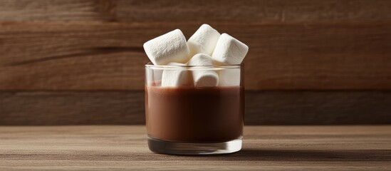 Poster - Cozy hot cocoa with marshmallows in a glass cup beautifully presented on a rustic wooden surface perfect for winter warmth and comfort.