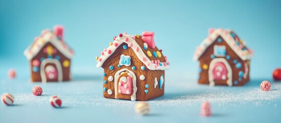 Poster - Festive handmade gingerbread house cookies with colorful icing on a vibrant blue background ideal for holiday celebrations and baking themes