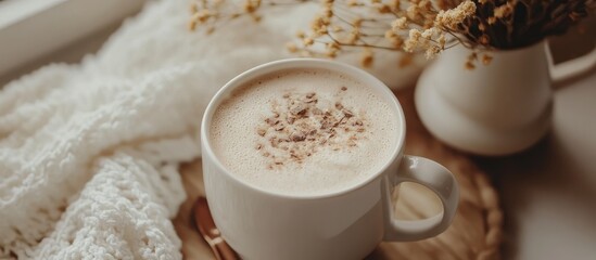 Poster - Cozy hot chocolate with frothy topping in a white mug on a wooden tray surrounded by soft textiles and dried flowers
