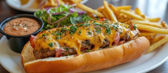 Poster - Homemade pork and ham cheese steak with golden French fries and fresh salad on a rustic wooden table