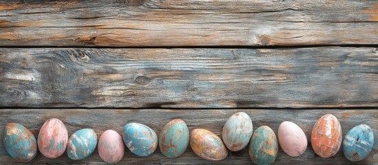 Poster - Easter themed backdrop with colorful painted eggs on rustic wooden planks ideal for seasonal greetings and festive designs