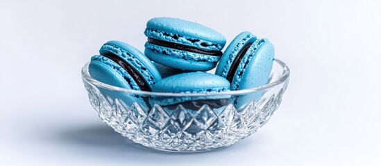 Aufkleber - Blue French macaroons with black currant flavor in crystal bowl on white background showcasing delicious dessert presentation