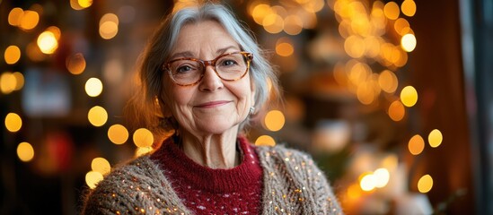 Poster - Cheerful senior woman smiling indoors with festive lights creating a warm atmosphere capturing the essence of holiday joy and nostalgia