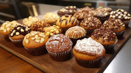 Poster - Assorted handmade muffins displayed on a wooden tray showcasing various toppings and flavors in a cozy bakery setting
