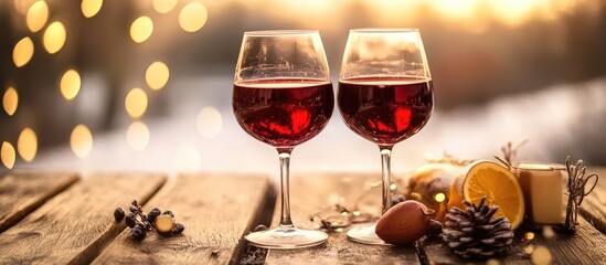 Poster - Warm red wine glasses on a rustic table with winter scenery and festive decorations creating a cozy atmosphere for the holiday season.