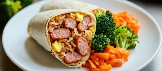 Poster - Heart-shaped rice wrap with sausage and cheese served with steamed broccoli and carrots on a white plate delicious and appealing meal presentation