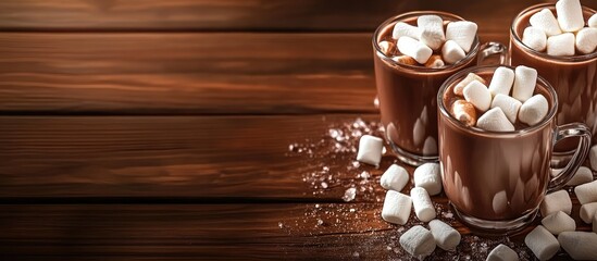 Poster - Warm and inviting hot cocoa with marshmallows in glass mugs on a rustic wooden table setting for cozy winter moments.