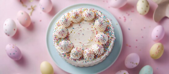 Poster - Easter celebration with decorative homemade cake surrounded by colorful decorated eggs on a festive pink table setting