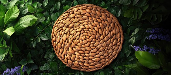 Fototapete - Handmade wicker placemat from natural water hyacinth showcasing vibrant textures against a lush green background