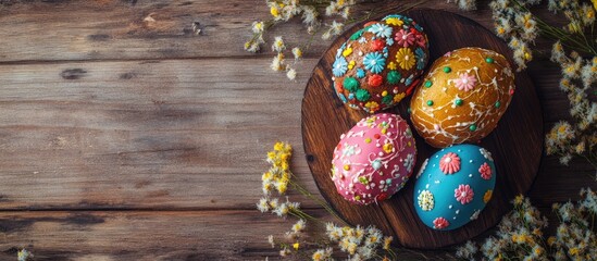 Aufkleber - Colorful decorated Easter eggs on a wooden table with traditional Kulich Paska cake and space for text celebrating the Easter holiday.